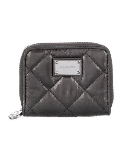 Pre-owned Michael Kors Leather Plaid Print Compact Wallet In Gray