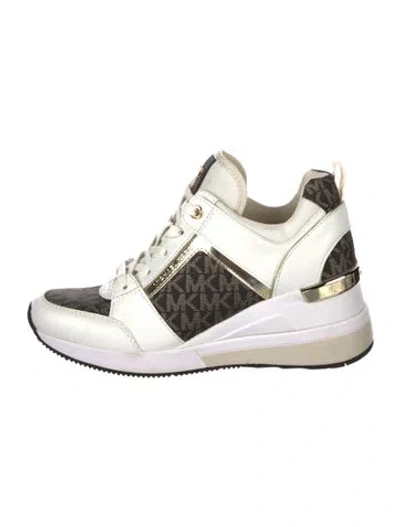 Pre-owned Michael Kors Leather Printed Wedge Sneakers In White