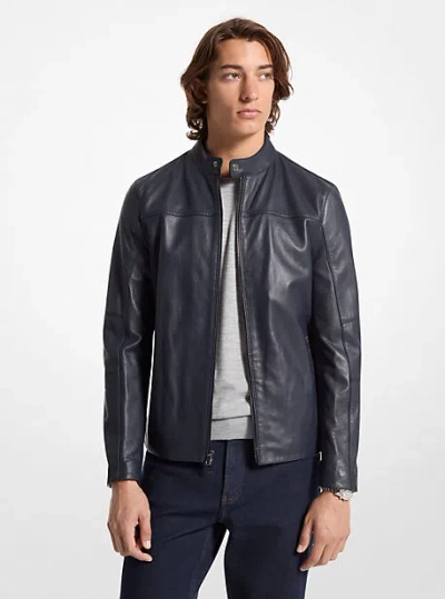 Michael Kors Leather Racer Jacket In Blue