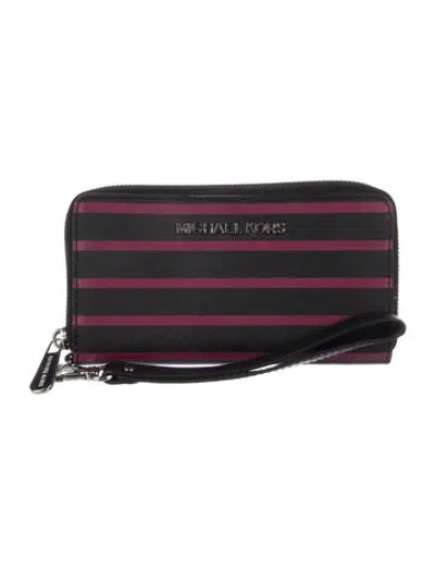 Pre-owned Michael Kors Leather Striped Continental Wallet In Black