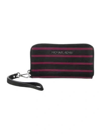 Pre-owned Michael Kors Leather Striped Continental Wallet W/ Tags In Black