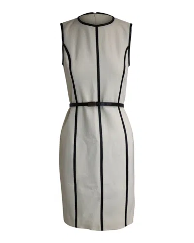 Michael Kors Leather Trimed Knee Length Dress In White Wool In Beige