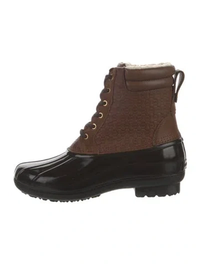 Pre-owned Michael Kors Leather Tweed Pattern Rain Boots W/ Tags In Brown