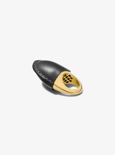 Michael Kors Leather-wrapped 24k-gold-plated Brass Dome Ring In Black