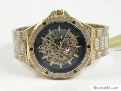 Pre-owned Michael Kors Lennox Pave Gold Black Automatic Skeleton Mens Watch Mk9151