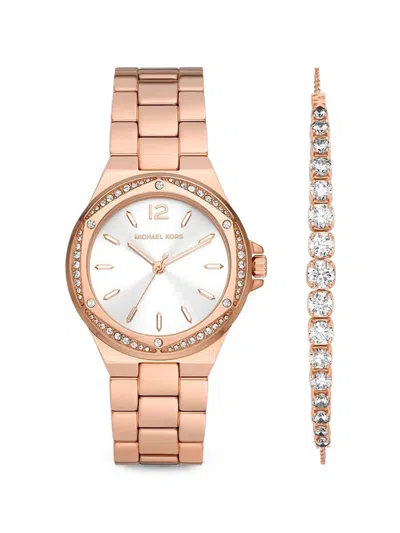 Michael Kors 레녹스 파베 로즈 골드 톤 시계 앤 브레이슬릿 기프트 세트 In Brown