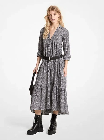 Michael Kors Leopard Print Cotton And Silk Tiered Midi Dress In Gray