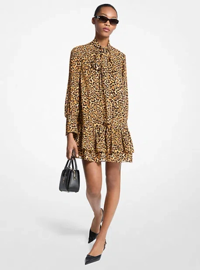 Michael Kors Leopard Print Georgette Tie-neck Dress In Animal Print