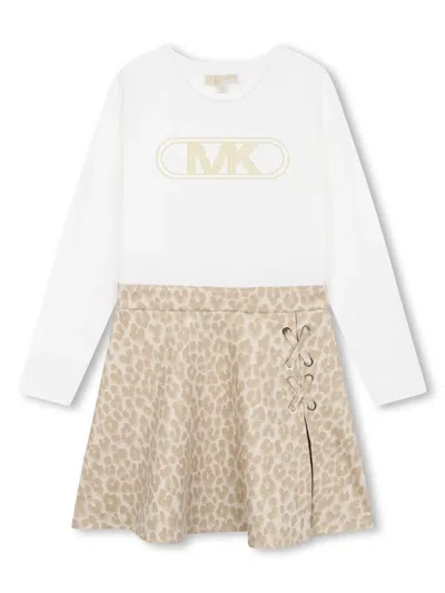 Michael Kors Kids' Leopard-print Long-sleeved Dress In White