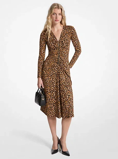 Michael Kors Leopard Print Matte Jersey Ruched Dress In Multi