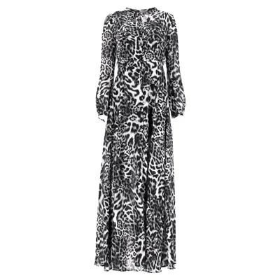 Michael Kors Leopard Print Maxi Buttoned Long Sleeve Dress In Black And Black Viscose In Multi