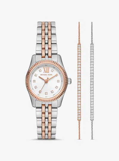 Michael Kors Lexington Pavé Two-tone Watch And Slider Bracelet Gift Set In Metallic