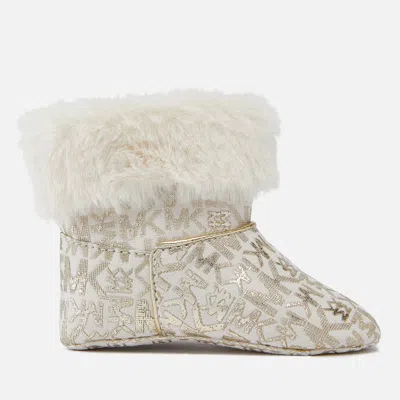 Michael Kors Kids' Leydon Boots Babies Cream Gold Logo Print Faux Fur Zipper Zpo3547 In White