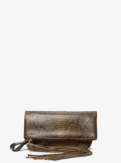 Michael Kors Lily Snake Embossed Leather Foldover Clutch In Green