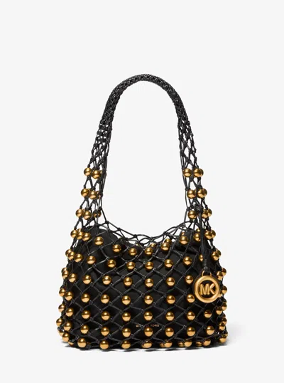 Michael Kors Limited-edition Gwen Small Studded Hand-woven Leather Hobo Shoulder Bag In Black