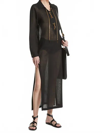MICHAEL KORS LINEN GAUZE LACE-UP CAFTAN COVERUP IN BLACK