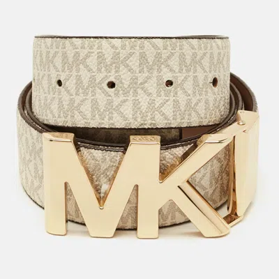 Pre-owned Michael Kors Logo Cut To Size Reversible Buckle Belt White Signature Coated Canvas And Leather