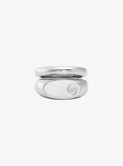 Michael Kors Logo Engraved Double Layered Signet Ring In Silver