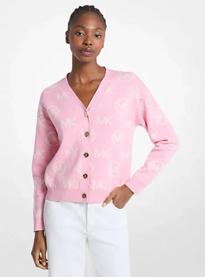 Michael Kors Logo Jacquard Cotton Blend Cardigan In Pink