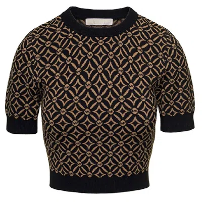 Michael Kors Logo Jacquard Cropped Sweater In Brown