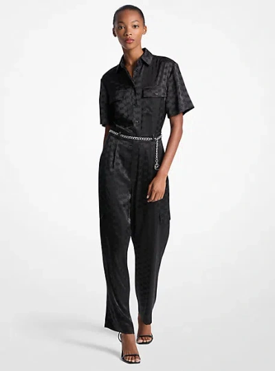 Michael Kors Logo Jacquard Satin Belted Jumpsuit In Black