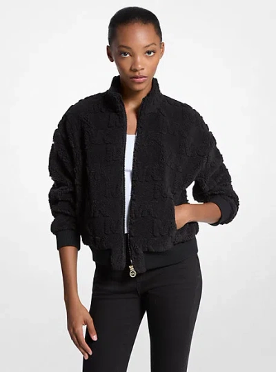 Michael Kors Logo Jacquard Sherpa Zip-up Jacket In Black