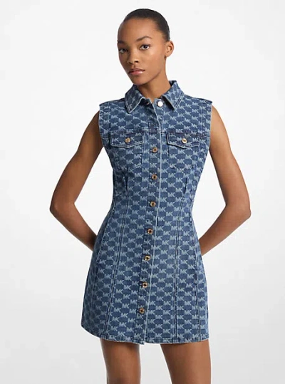 Michael Kors Logo Jacquard Stretch Denim Sleeveless Shirtdress In Blue