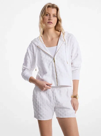 Michael Kors Logo Jacquard Terry Cropped Zip-up Hoodie In White