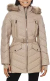 MICHAEL KORS LOGO LEOPARD BELTED HOOD PUFFER COAT IN TAUPE