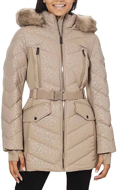Michael Kors Logo Leopard Belted Hood Puffer Coat In Taupe In Brown