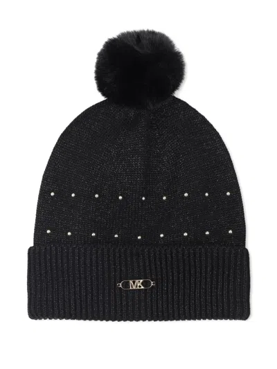 Michael Kors Kids' Logo-plaque Pompom Beanie Hat In Black