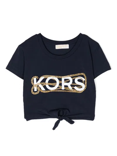 Michael Kors Kids' Logo Stretch Cotton Ruched Cropped T-shirt In Blue