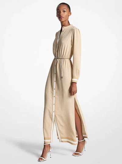Michael Kors Logo Print Satin Belted Maxi Dress In Brown