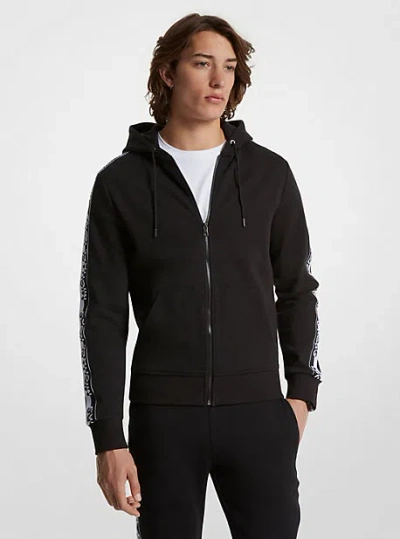 Michael Kors Logo Tape Cotton Blend Zip-up Hoodie In Black