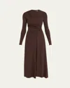 Michael Kors Long-sleeve Draped Sarong Midi Dress In Brown