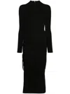 Michael Kors Black Crewneck Midi Dress With Ruched Detail In Wool Woman In Black  
