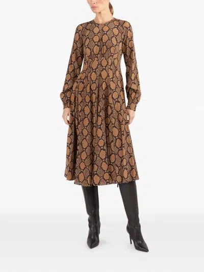 Michael Kors Long-sleeve Flared Midi Dress In Brown