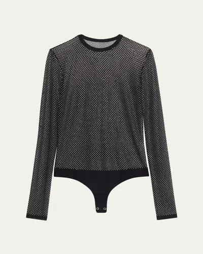 Michael Kors Long-sleeve Crystal Mesh Crewneck Bodysuit In Animal Print