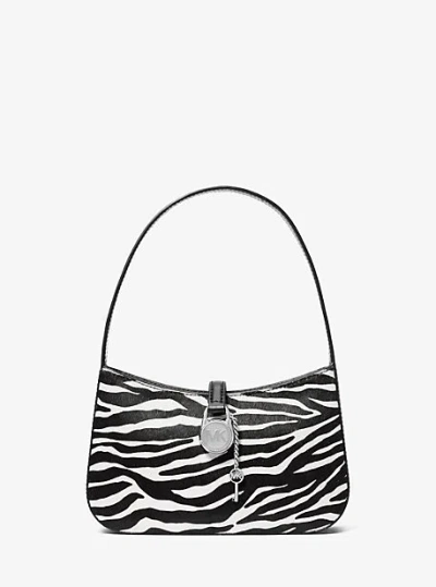 Michael Kors Lyra Small Zebra Print Calf Hair Pochette In Black