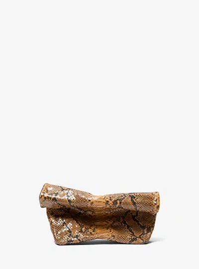 Michael Kors Maggie Snake Embossed Leather Lunch Bag Clutch In Brown