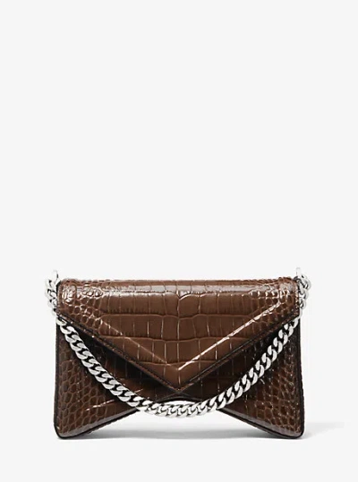 Michael Kors Manhatta Crocodile Embossed Patent Leather Shoulder Bag In Brown