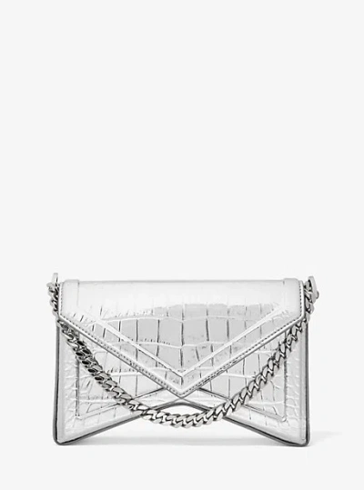 Michael Kors Manhatta Metallic Crocodile Embossed Leather Shoulder Bag In Silver