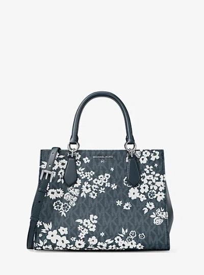 Michael Kors Marilyn Medium Printed Signature Logo Satchel In Blue