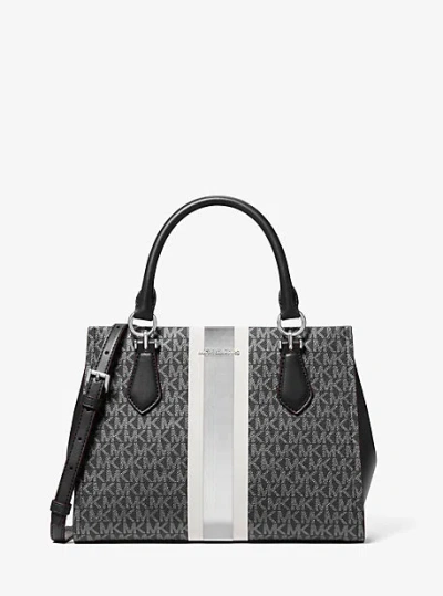 Michael Kors Marilyn Medium Signature Logo Stripe Satchel In Black