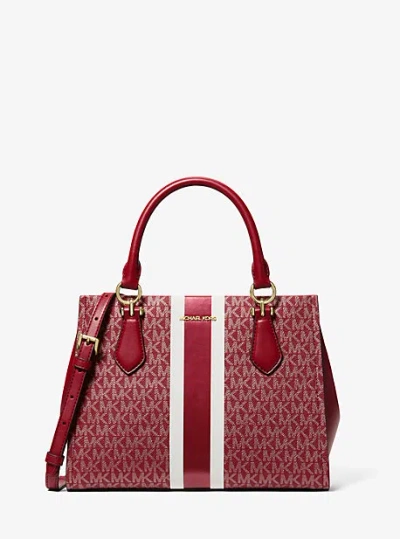 Michael Kors Marilyn Medium Signature Logo Stripe Satchel In Red