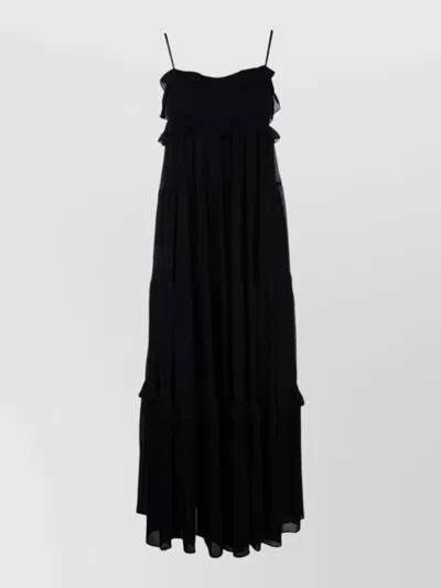 Michael Kors Maxi Dress Spaghetti Straps Ruffle Tiered Design In Black