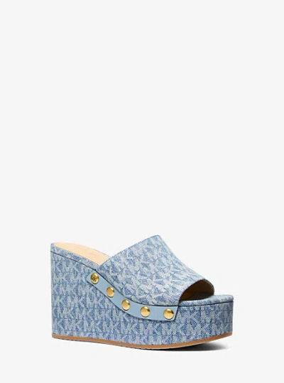 Michael Kors Mayes Signature Logo Print Denim Wedge Sandal In Blue
