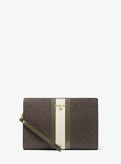 Michael Kors Medium Logo Stripe Zip Pouch In Brown