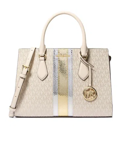 Michael Kors Medium Signature Logo And Metallic Satchel In Nude