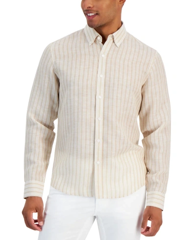 Michael Kors Men's Classic-fit Halo Stripe Long Sleeve Button-front Linen Shirt In Khaki